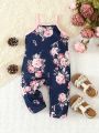 Baby Girls' Floral Printed Sleeveless Jumpsuit With Straps