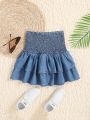 SHEIN Teen Girl Light Blue Ruffled Hem Denim Mini Skirt&High Waist Denim Skirt&Summer Outfits