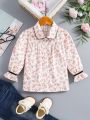 SHEIN Kids QTFun Girls' Floral Print Flounce Sleeve Blouse For Toddler