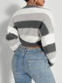 SHEIN Essnce Color Block Fluffy Knit Crop Cardigan