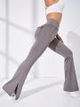 Yoga Basic Wide Waistband Phone Pocket Split Hem Flare Leg Sports Pants
