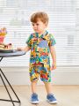 SHEIN Baby Boys' Casual Colorful Car Pattern Printed Romper With Turn-Down Collar Short Pants, Suitable For Spring/Summer Outdoor