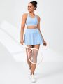 SHEIN Daily&Casual Women's Solid Crisscross Strap Sleeveless Top And Pleated Skirt Sportswear Set