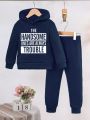 2pcs/Set Toddler Boys' Cute Sports English Printed Hooded Sweatshirt And Pants Outfits For Autumn And Winter