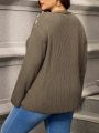Plus Size Button Decorated Split Hem Sweater