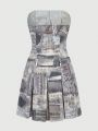Grunge Punk Women's Faux Denim Print Belted Dress