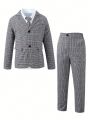 Young Boy 1pc Plaid Lapel Collar Blazer & 1pc Suit Pants Without Shirt and Tie