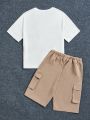 SHEIN Kids Cooltwn Tween Boys' Casual Comfortable Slogan Print T-Shirt And Washed Denim Shorts 2pcs/Set