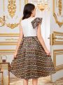 SHEIN Kids Nujoom Tween Girls' Loose Fit Casual Geometric Printed Ruffled Hem Dress