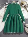 SHEIN Kids EVRYDAY Girls' Collar Sweater Dress With Cinching Waist For Autumn And Winter