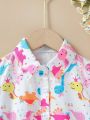 SHEIN Kids QTFun Toddler Girls' Cute Dinosaur Pattern Printed Short Sleeve Shirt, Perfect For Vacation Parties In Summer