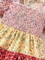 SHEIN Kids QTFun Toddler Girls' Square Neckline Bubble Sleeve Color Block Floral Dress