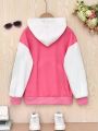 Fall Casual Hooded Jacket With Letter Patches For Tween Girls