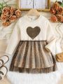 SHEIN Kids FANZEY Young Girl Heart Print Contrast Mesh Hem Sweatshirt Dress