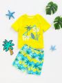 SHEIN Baby Boy'S Leisure Coconut Tree Printed Short Sleeve Shirt, Shorts And Swimming Trunks Set For Summer Holiday