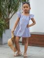 SHEIN Kids Cooltwn Young Girl's Casual Striped Square Neckline Dress For Spring And Summer