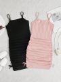 SHEIN Kids EVRYDAY Tween Girls' Knitted Solid Color Pleated Cami Dress 2pcs/set