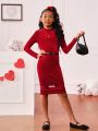 SHEIN Tween Girls' Fashionable And Elegant Knit Round Neck Long Sleeve Dress