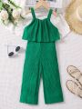 SHEIN Kids EVRYDAY Young Girl'S Vacation & Leisure Green Spaghetti Strap Jumpsuit With Ruffle Hem For Summer