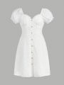 Teen Girl's Hollow Out Embroidered Button Front Elegant Dress