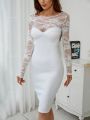 SHEIN Privé Elegant Lace Paneled White Dress For Women