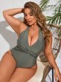 SHEIN Swim Chicsea Plus Size Solid Color Pleated Halter One-Piece Swimsuit