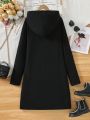 Teen Girls' Black Hooded Long Sleeve Dress With Heart Print