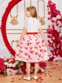 SHEIN Kids FANZEY Tween Girls' Lace Raglan Short Sleeve Heart Print Dress With Shoulder Detailing For Valentine's Day