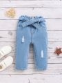 SHEIN Baby Girls' Cute Casual Tapered Jeans With Distressed Details And Bowknot