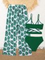Girls' (big) Bikini Swimsuit Set With Tropical Pattern, Crossed Straps, And Matching Cover-up Pants In Spring And Summer