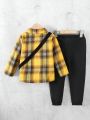 SHEIN Kids EVRYDAY Boys (small) Plaid Shirt And Trousers Two-piece Set