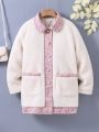 SHEIN Kids EVRYDAY Tween Girl Contrast Plaid Trim Dual Pocket Teddy Coat