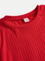 SHEIN Teen Girls' Solid Color Ribbed Knit Round Neck Flare Sleeve Casual Dress
