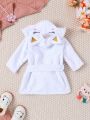SHEIN Baby Girl Cartoon Embroidery 3D Ear Design Hooded Belted Costume Robe