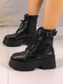 Women's Fashion Thick-soled Belt Buckled Black Pu Boots For Winter, Motorcycle Style, Short Style