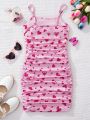 SHEIN Kids HYPEME Tween Girl Heart Print Ruched Cami Dress