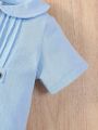 Elegant College English Turn-Down Collar & Peter Pan Collar & Pleats & Half Placket Blue Romper For Baby Boys