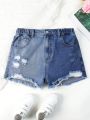 Teen Girls' Contrast Color Splicing Distressed Frayed Hem Denim Shorts