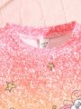 SHEIN Kids QTFun 2pcs/Set Tween Girls' Unicorn & Letter Print Ombre T-Shirt And Shorts