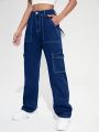 High Waist Flap Pocket Whip Stitch Cargo Jeans