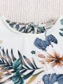 SHEIN Baby Girl's Summer Holiday Style Off-Shoulder Short Sleeve Top With Floral Pattern And Ruffle Edge