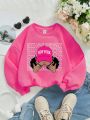 Little Girls' Casual Long Sleeve Cartoon Girl & Letter Print Fleece Pullover Sweatshirt With Round Neck, Suitable For Autumn & Winter