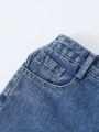 Teen Girls' Street Fashionable Cute Colorblock Flower Print Loose Comfortable Medium Blue Distressed Wide Leg Jeans