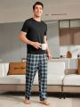 Men'S Homewear Set With Solid Color Short Sleeve T-Shirt And Plaid Printed Pajama Pants