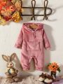 SHEIN Baby Girl Solid Flannel Hooded Jumpsuit