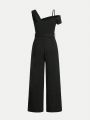 SHEIN Teen Girls' Knitted Solid Color Jumpsuit With Rhinestone Decor Waist Belt For Casual Wear