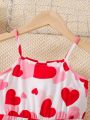 SHEIN Kids QTFun Little Girls' Heart Pattern Printed Jumpsuit With Spaghetti Straps