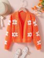 Tween Girls' Trendy Floral Pattern Hollow Out Knit Cardigan