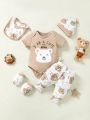 SHEIN Newborn Baby Boy's Summer Outfit Set, Including 5 Items: Short Sleeve Top, Printed Pants, Hat, Drool Bib And Gloves, With Adorable Bear Print, Knitted, Skin-Friendly And Comfortable