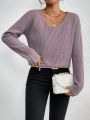 SHEIN Privé Guipure Lace Panel Ribbed Knit Sweater